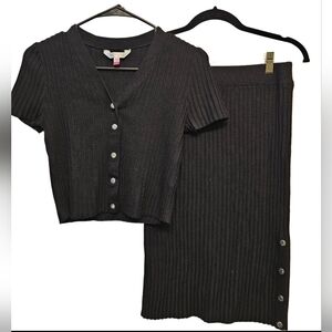 No Boundaries Black Ribbed Button Up Top & Pencil Skirt Set Sz Md